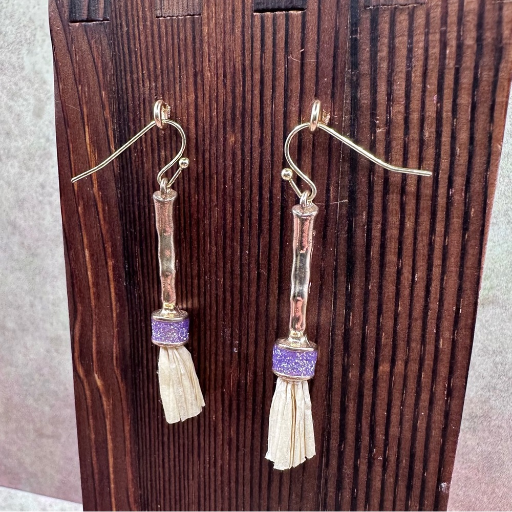 Silver Twig Earrings with Purple Accent and Cream Tassel - Picture 3 of 5